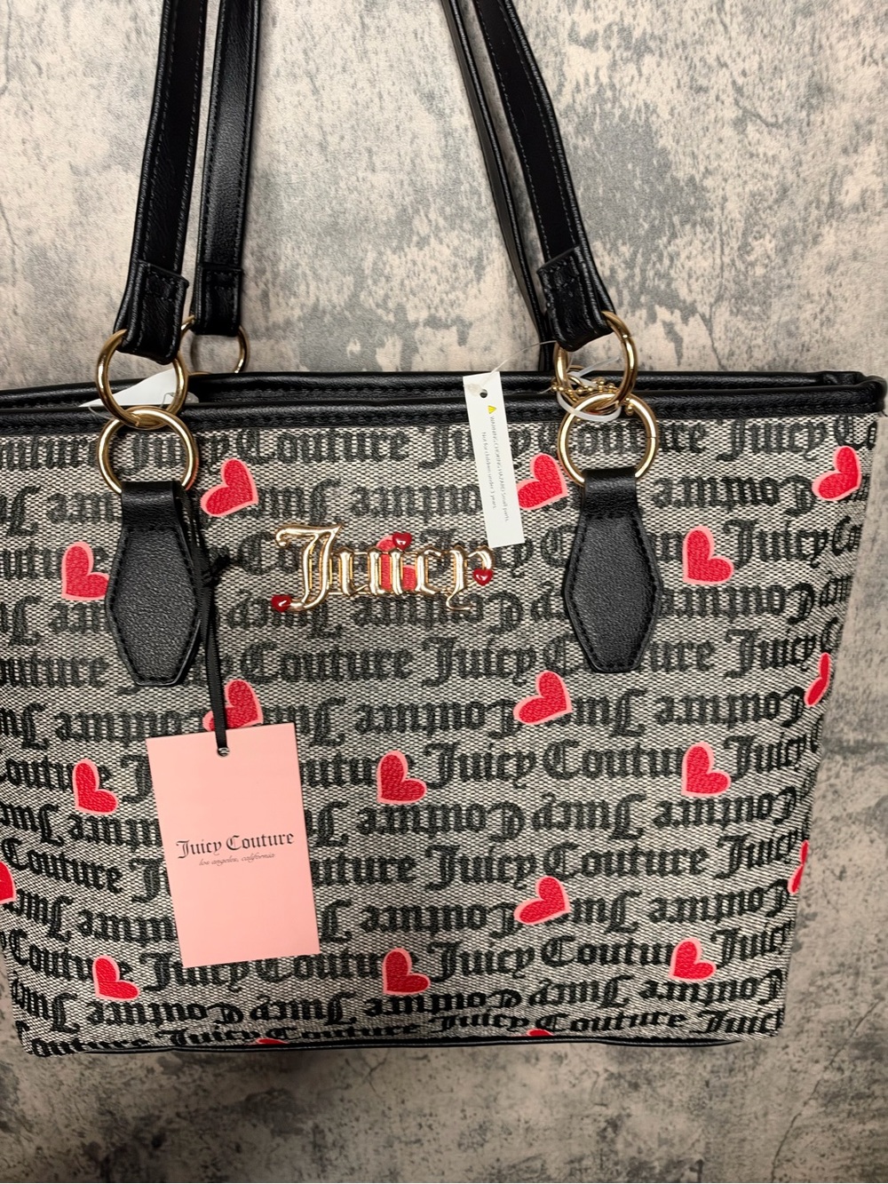Juicy Couture Black & Gray Heart Tote Bag with Red Heart Charm – Christmas Gift
